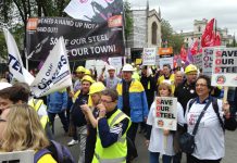 A section of the steel workers’ march on its way to parliament