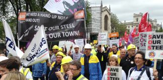 A section of the steel workers’ march on its way to parliament