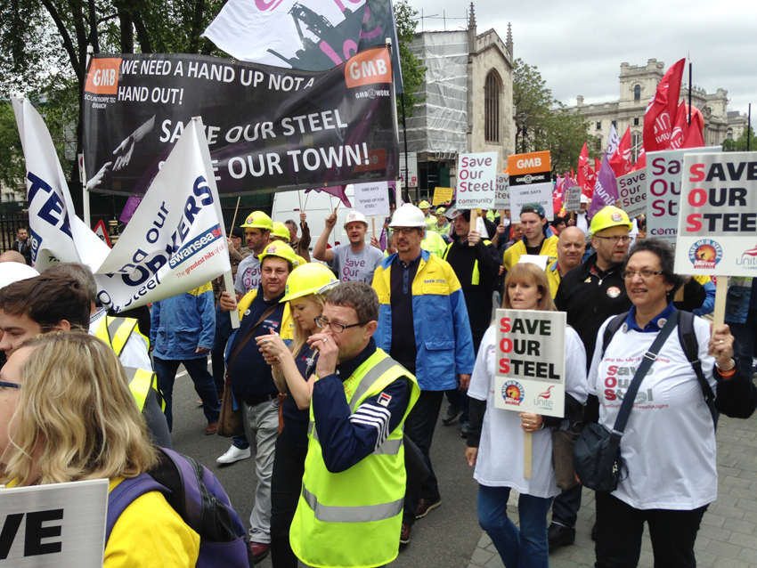 A section of the steel workers’ march on its way to parliament