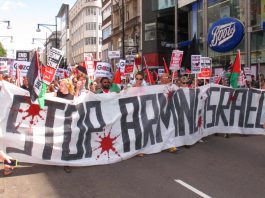 London marchers against the Israeli occupation. The Tories have banned councils from supporting boycotts of Israel