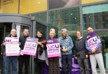 London Met University lecturers on the picket line during last week’s 2-day UCU nationwide strike – now 395 more jobs are to be axed there