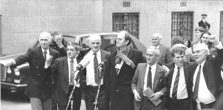 JOHN WALKER, PADDY HILL, HUGH CALLAGHAN, Labour MP CHRIS MULLEN, RICHARD McILKENNY, GERRY HUNTER and BILLY POWER outside the Old Bailey after their convictions for the Birmingham pub bombings were quashed on March 14, 1991