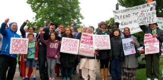 Children joined the 50-strong mass picket outside Ealing Hospital yesterday morning calling for strike action and occupation to save the Charlie Chaplin children’s ward