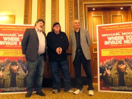 ‘UK Too Like The US – Gender Inequality And Student Debt’ After the press conference, producer Carl Deal (left), Michael Moore and executive producer Rod Birleson (right)