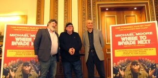 After the press conference, producer Carl Deal (left), Michael Moore and executive producer Rod Birleson (right)