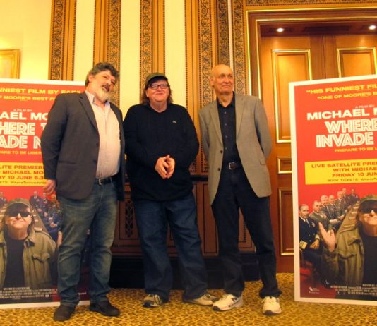 After the press conference, producer Carl Deal (left), Michael Moore and executive producer Rod Birleson (right)