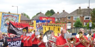 The demonstration to back the Orgeave Justice Campaign’s call for a full inquiry into the police attack on thousands of striking miners at Orgreave thirty two years ago