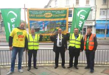 MICK CASH RMT general secretary (second from left) joined the RMT picket line at Eastbourne yesterday morning