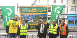 MICK CASH RMT general secretary (second from left) joined the RMT picket line at Eastbourne yesterday morning