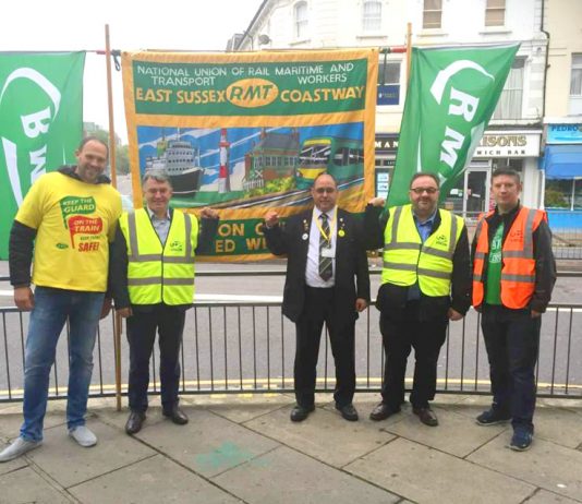 MICK CASH RMT general secretary (second from left) joined the RMT picket line at Eastbourne yesterday morning