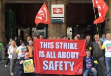 ScotRail RMT members on the picket line at Glasgow Central Station on the second day of their strike over safety