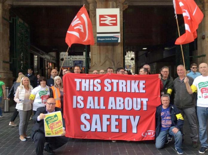 ScotRail RMT members on the picket line at Glasgow Central Station on the second day of their strike over safety