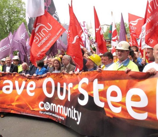 Labour leader CORBYN (centre) with trade union leaders at a demonstration of steelworkers in London