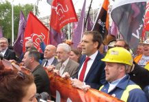 JEREMY CORBYN with a number of trade union leaders at the front of a recent steelworkers demonstration in London