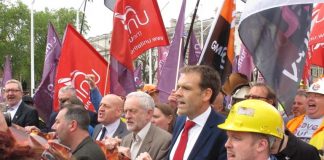 JEREMY CORBYN with a number of trade union leaders at the front of a recent steelworkers demonstration in London