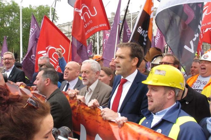 JEREMY CORBYN with a number of trade union leaders at the front of a recent steelworkers demonstration in London