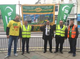 RMT General Secretary MICK CASH (second from left) on the picket line at Eastbourne during the Southern rail strike on June 21st