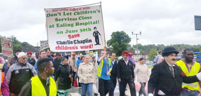 With Charlie Chaplin leading the way, the marchers reached Ealing Hospital where they demanded that the children’s ward be kept open