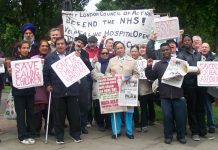 Mass picket outside Ealing Hospital yesterday morning – the day the Charlie Chaplin children’s ward was due for closure, putting children’s lives into jeopardy