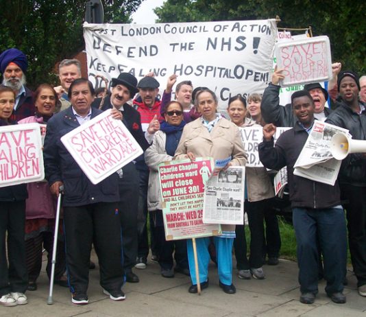 Mass picket outside Ealing Hospital yesterday morning – the day the Charlie Chaplin children’s ward was due for closure, putting children’s lives into jeopardy