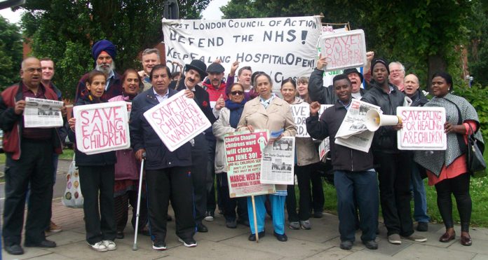 Mass picket outside Ealing Hospital yesterday morning – the day the Charlie Chaplin children’s ward was due for closure, putting children’s lives into jeopardy
