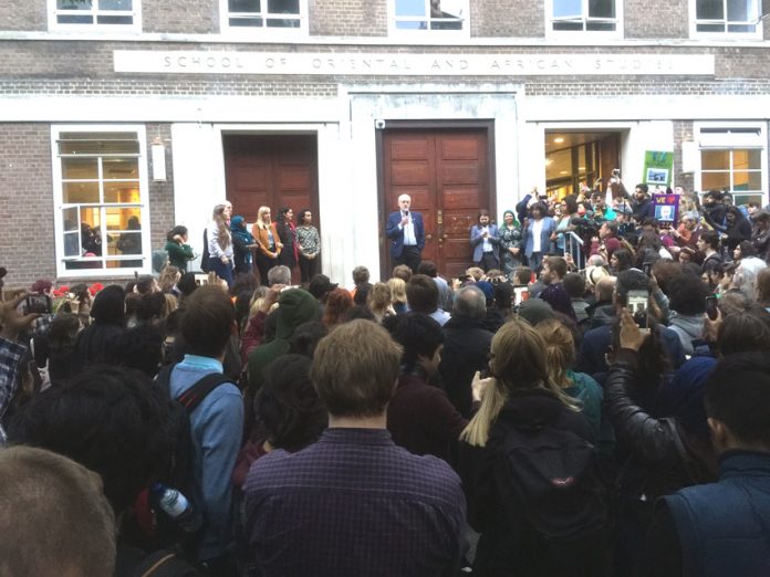 Labour Party leader Jeremy Corbyn addresses a huge crowd of supporters outside SOAS last Wednesday evening