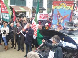 SIPTU demonstrates in Brussels. JW Gaudnann general secretary of The European Federation of Public Service Unions (EPSU) is speaking