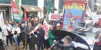 SIPTU demonstrates in Brussels. JW Gaudnann general secretary of The European Federation of Public Service Unions (EPSU) is speaking