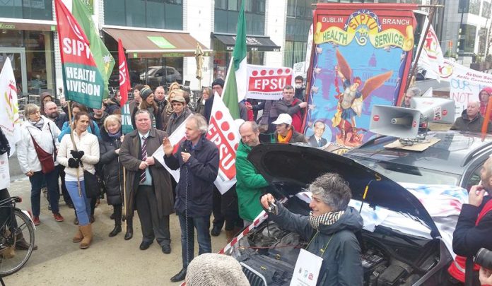 SIPTU demonstrates in Brussels. JW Gaudnann general secretary of The European Federation of Public Service Unions (EPSU) is speaking