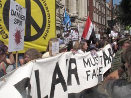 A demonstration outside the QE2 conference centre demanding that Blair must face trial for war crimes