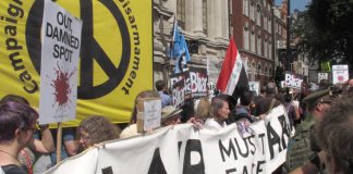 A demonstration outside the QE2 conference centre demanding that Blair must face trial for war crimes