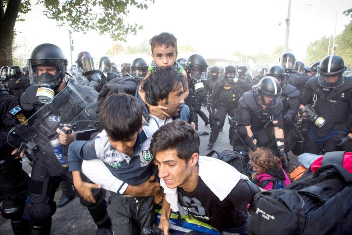 Hungarian police attack refugees on the border with Serbia. Photo credit: DAVID MAURICE SMITH