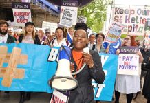 Student nurses marching in London last month shouting ‘Hand off our bursaries!’ – the RCN calls for all the cuts to be halted