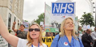 Nurses, doctors and NHS staff say the NHS is ‘Not Safe in Tory Hands’ – the Tories invested £3.9bn less in the NHS than they said