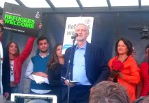 JEREMY CORBYN addressing the 100,000-strong ‘Refugees Welcome’ rally on the day he was elected Labour leader, last September