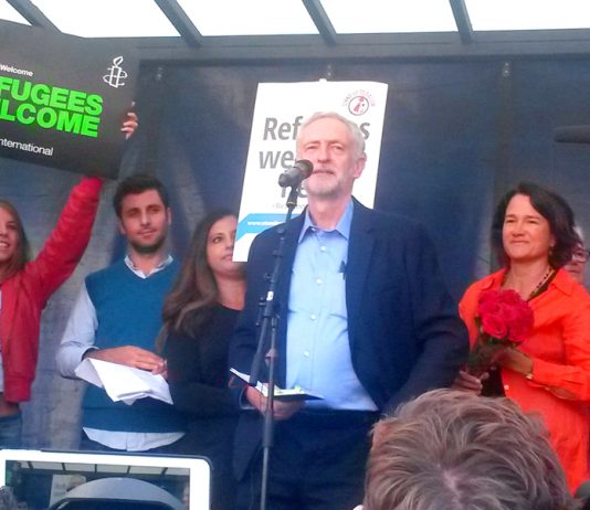 JEREMY CORBYN addressing the 100,000-strong ‘Refugees Welcome’ rally on the day he was elected Labour leader, last September
