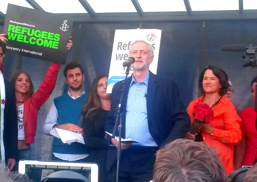 JEREMY CORBYN addressing the 100,000-strong ‘Refugees Welcome’ rally on the day he was elected Labour leader, last September