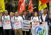 RMT members and supporters demonstrating outside the Department for Transport yesterday morning – later on in the afternoon the government conceded there would be talks at Acas