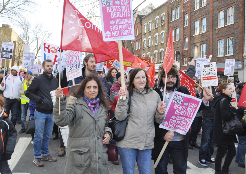 March to City Hall, London, demanding council homes for all and an end to evictions