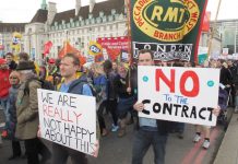 Teachers and doctors called a joint march at which PCS, RMT, FBU and ASLEF attended – all unions must strike together to defend the NHS