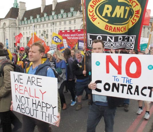 Teachers and doctors called a joint march at which PCS, RMT, FBU and ASLEF attended – all unions must strike together to defend the NHS