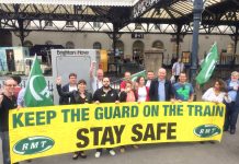 Southern Rail guards on the picket line at Brighton station yesterday morning