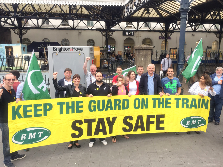 Southern Rail guards on the picket line at Brighton station yesterday morning
