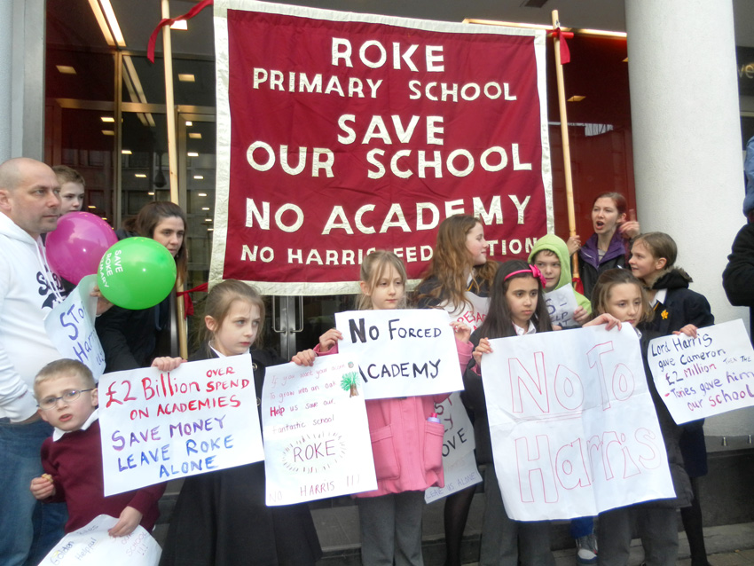 Demonstration against Roke Primary School being turned into an academy – two academies a week face formal interventions