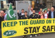 Southern rail workers during their strike to keep the guard on the train picketing outside Brighton station earlier this month