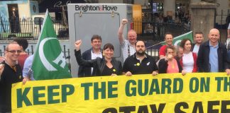 Southern rail workers during their strike to keep the guard on the train picketing outside Brighton station earlier this month