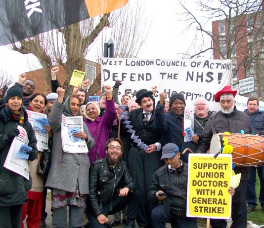 Mass picket of Ealing Hospital against the closure of the Charlie Chaplin children’s ward – the closures of the A&Es at Ealing and Charing Cross Hospitals are imminent