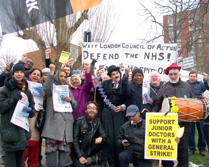 Mass picket of Ealing Hospital against the closure of the Charlie Chaplin children’s ward – the closures of the A&Es at Ealing and Charing Cross Hospitals are imminent