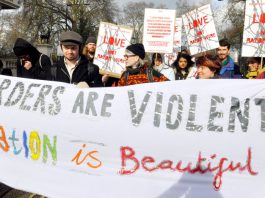 ‘Valentine’s Day’ demonstration in support of the refugees in Calais outside the French Embassy in London