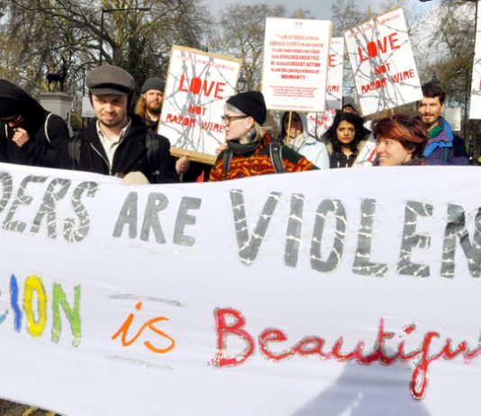 ‘Valentine’s Day’ demonstration in support of the refugees in Calais outside the French Embassy in London